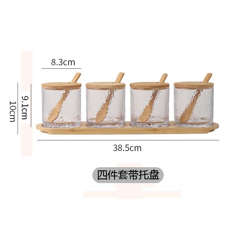 Набор банок для приправ на кухне, стеклянная коробка для приправ с узором из молотка, бамбуковой и деревянной крышкой, солонка, банка для перца, баночки для специй