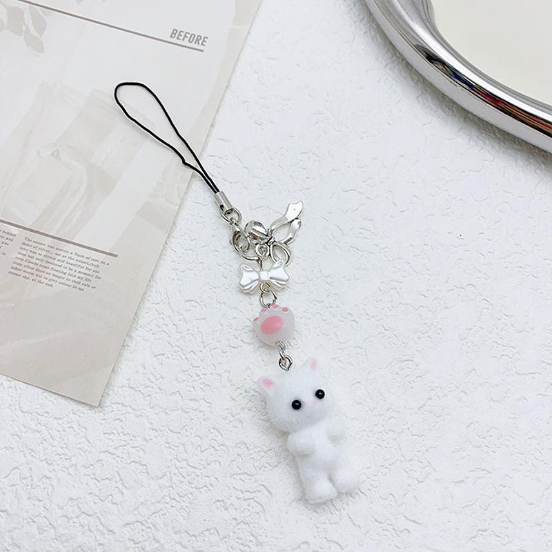 Kawaii Flocking Cat Pendant Phone Lanyard Y2K Cute Bow Kitten Phone Chain Korean Mobile Phone Charm Keycord Girl Gifts