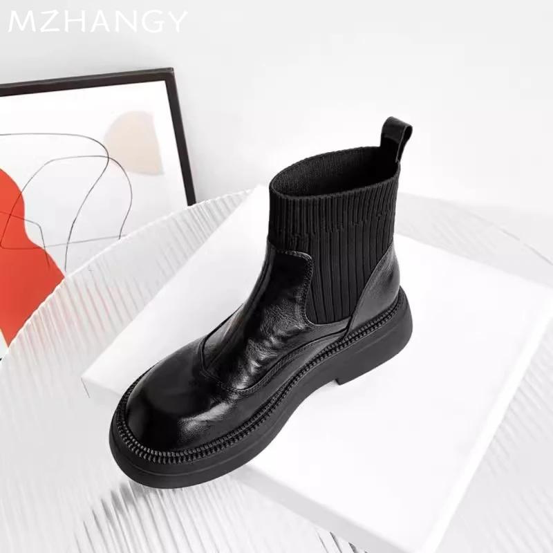 Модные женские кожаные ботильоны элегантные туфли на плоской подошве женские 2025 трендовые зимние теплые платья зимние удобные мотоциклетные ботинки Mujer Botas