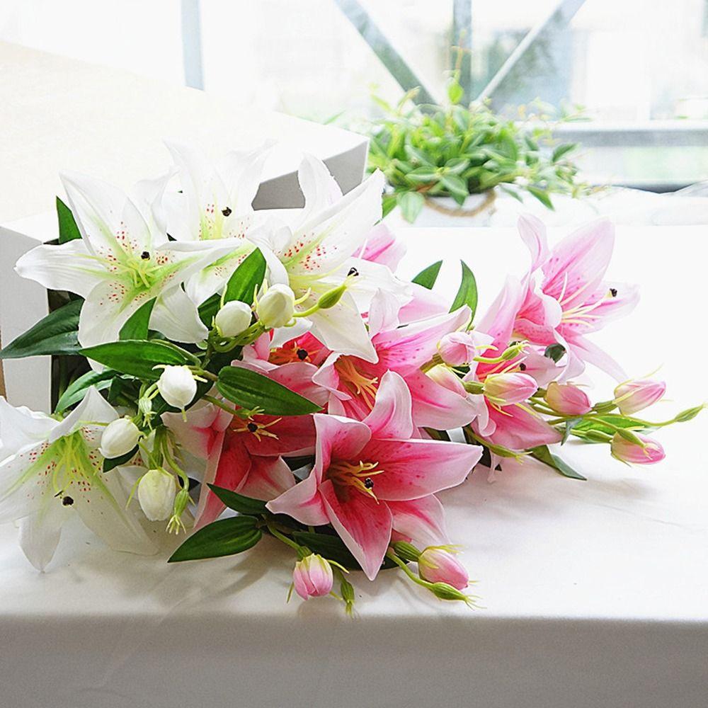 Floral Long Stem Wedding Real Looking Fake Plant Bouquet Branch Faux Lilies Artificial Flower