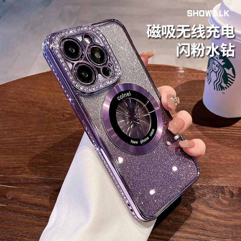 Подходит для iPhone15ProMAX, чехол для мобильного телефона, новый гальванизированный стразы, увеличительное стекло, постепенное изменение блеска, Apple 14, все включено