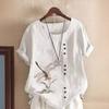 Women's Summer Fashion Casual Linen Shirt Round Neck Printing T-shirt Short Sleeve Tops Loose Blouse XS-5XL