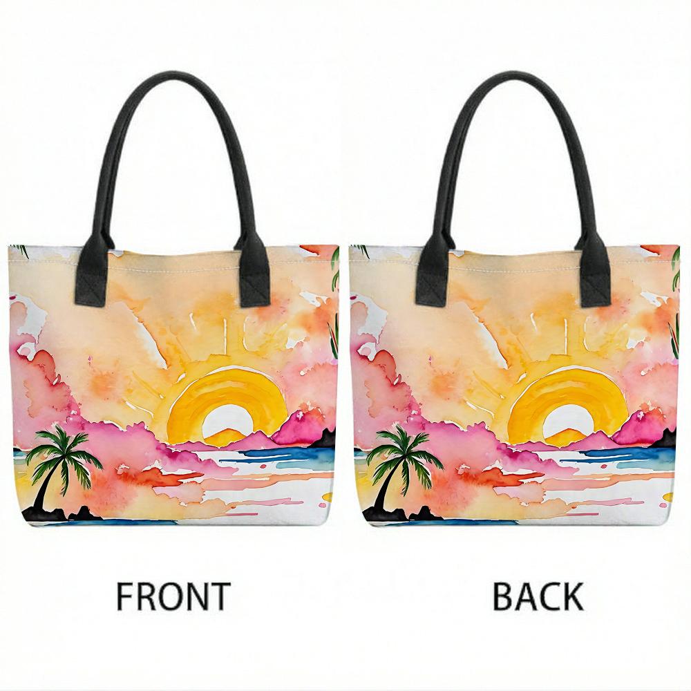 Watercolor Beach Sunset Tote Bag Summer Casual Large Capacity Handbag for Travel