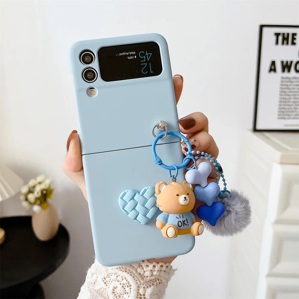 Для Samsung Galaxy Z Flip 7 FE Чехол с мультяшным мишкой и сердцем Для Samsung Z Flip 7 6 5 4 ZFlip 7 Чехол с 3D мультяшным брелком-помпоном