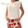 Women's Pajama Set Ruffle Cap Sleeve Top And Love Heart Printed Shorts Set Summer Casual 2 Piece Nightwear Lounge Set