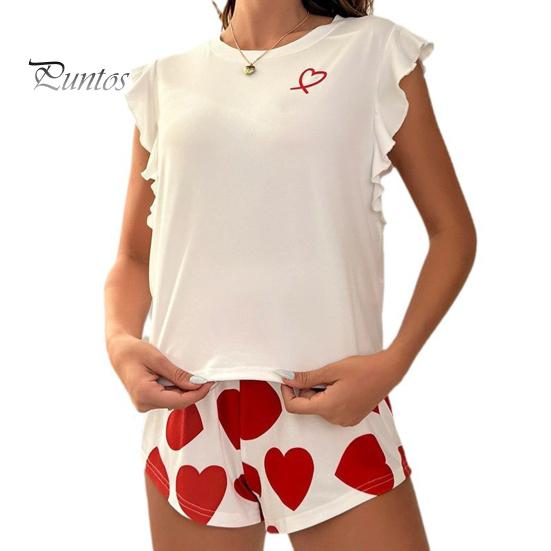 Women's Pajama Set Ruffle Cap Sleeve Top And Love Heart Printed Shorts Set Summer Casual 2 Piece Nightwear Lounge Set