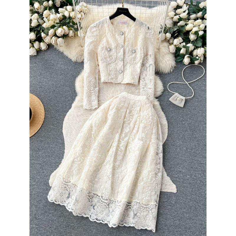 Classic Style round Neck Puff Sleeves Large Swing Autumn Clothing Lace