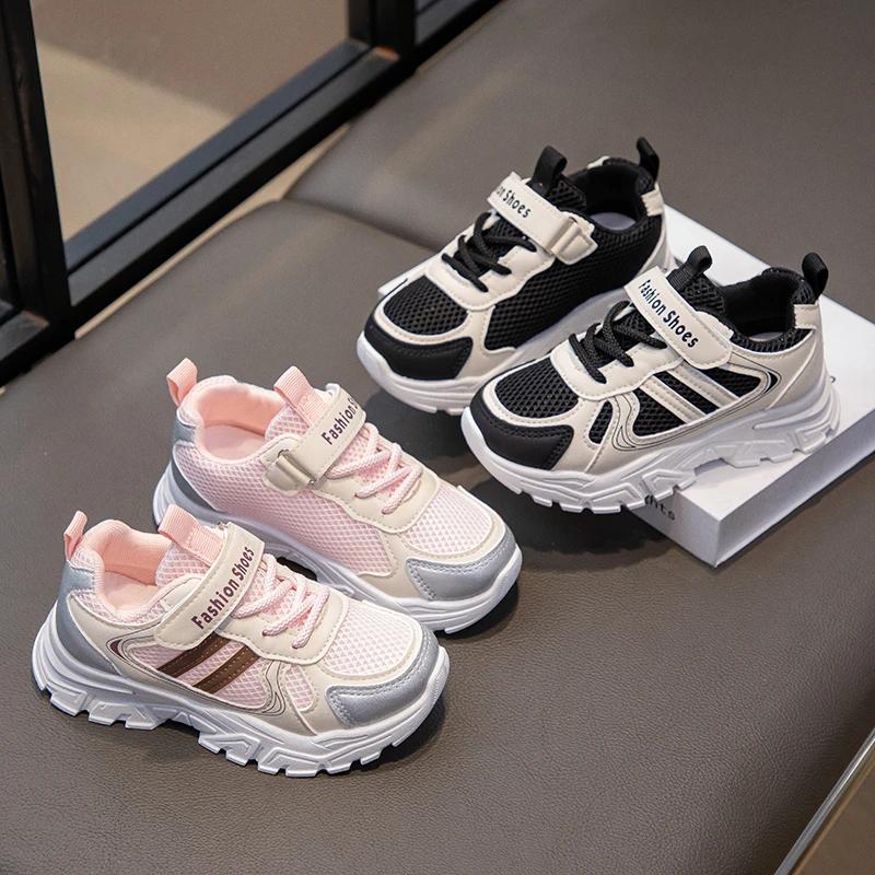 Детская спортивная обувь сетчатые дышащие детские кроссовки толстая мягкая подошва модные новые студенческие кроссовки 2024 года на липучке