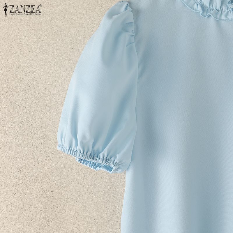 ZANZEA Женская повседневная однотонная блузка с круглым вырезом и коротким рукавом