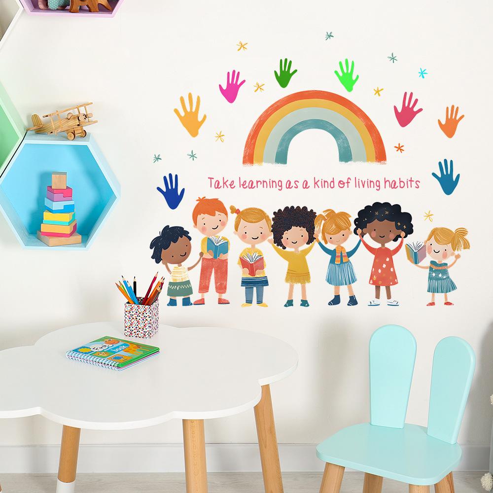 School Season English Slogan Rainbow Handprints Bedroom Living Room Home Background Beautification Decoration Wall Stickers