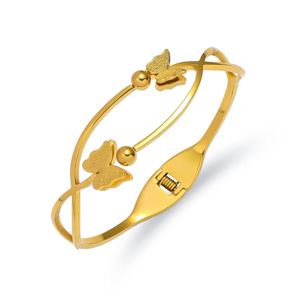 European-American Stainless Steel Butterfly Bracelet with Gold Edge - Fashionable Women's Openable Jewelry