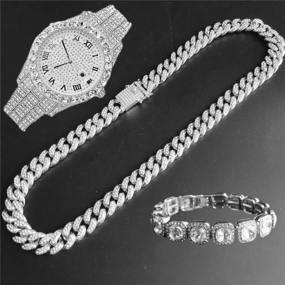 12mm Tennis Necklace +baguette Watch+bracelet Combo Sets Hip Hop Chain Iced Out Bling Paved Rhinestones For Men Women Jewelry