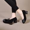 Round Head Shallow Mouth Single Shoes High Heels Women's Spring and Autumn New Black Sheepskin Rhinestone Bow Thick Heel