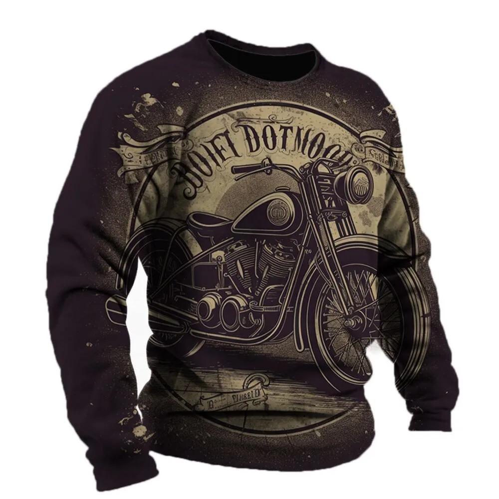 2024 Винтажная мужская футболка с рисунком мотоцикла Футболки с длинным рукавом с 3D-принтом Одежда Графическая уличная одежда больших размеров Мужская одежда
