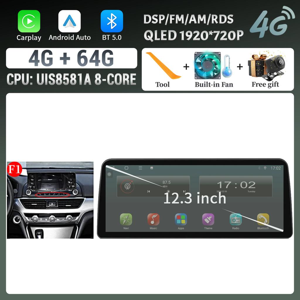 Android 14 12,3-дюймовый экран для Honda Accord 10 2018 2019 2020 2022 Автомагнитола Мультимедиа Навигация 4G Беспроводной BT CarPlay Стерео