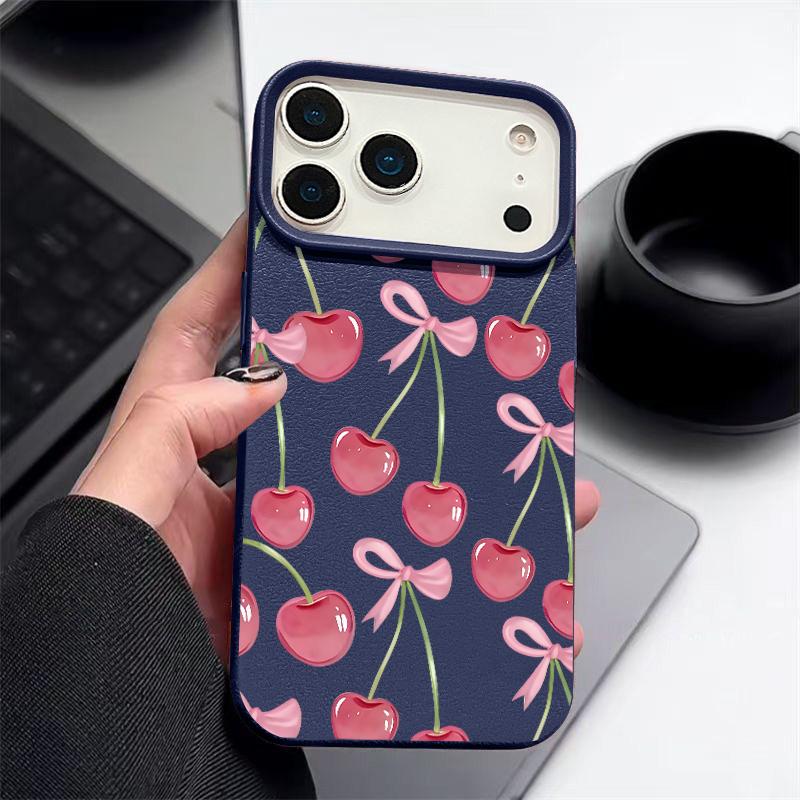 Чехол со Стразами и Узором из Вишневых Ягод и Бантов Для iPhone 17 Pro Max Мягкий Силиконовый Чехол с Текстурой Кожи Для iPhone 16 15 14 13 Pro 12 11 16E Air