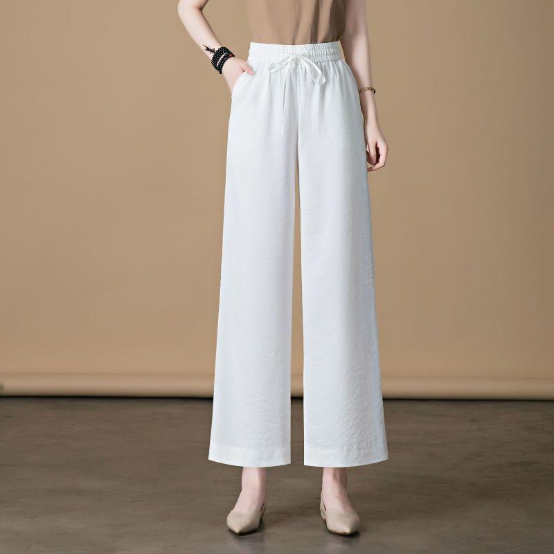 Широкие брюки из ледяного шелка, женские летние свободные драпированные повседневные брюки прямого кроя с высокой талией, девятиточечные брюки