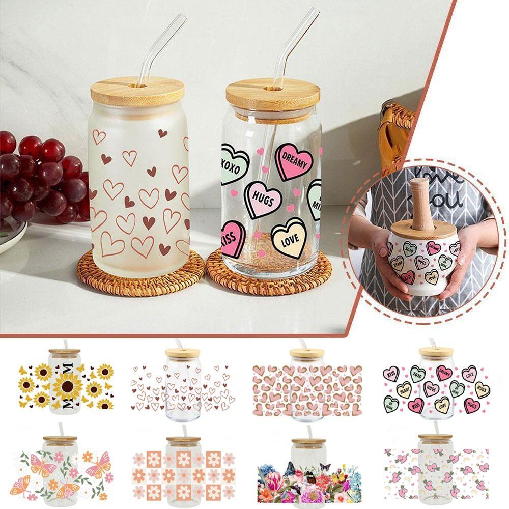 Rub on Cup Wraps Flower Printed Transfer Cup Stickers 3D UV DTF Transfers Stickers  16OZ Glass Cups