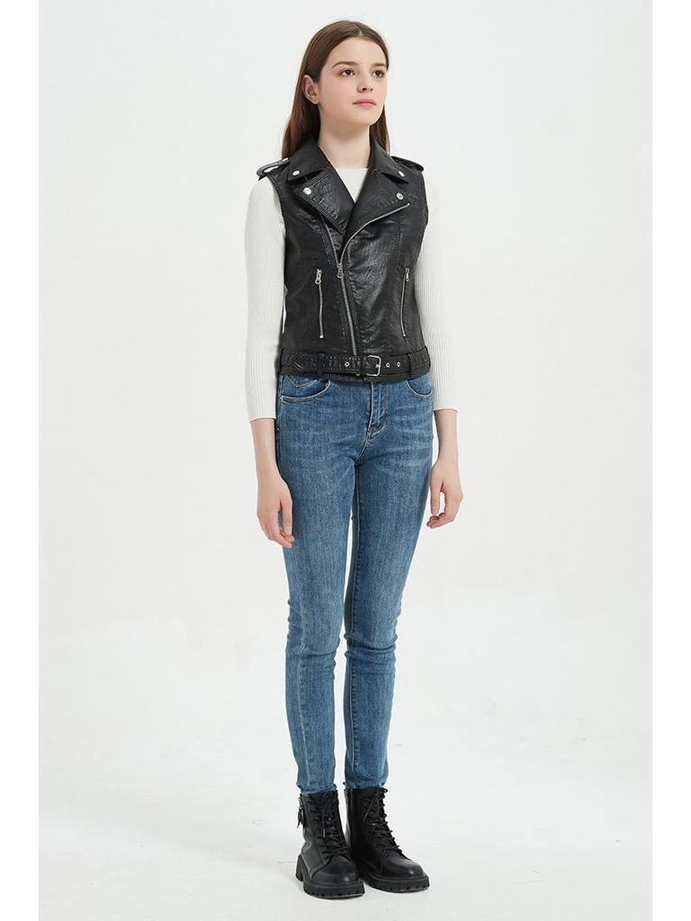 Women's Slim Fit PU Leather Motorcycle Vest with Belt and Zipper