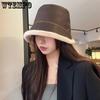 Solid Color Autumn Winter Splicing PU Bucket Hats Female Faux Fur Plush Cold-proof Windproof Hats