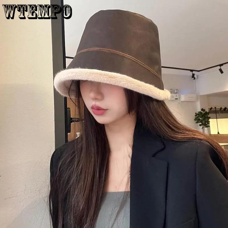 WTEMPO Solid Color Autumn Winter Splicing PU Bucket Hats Female Faux Fur Plush Cold-proof Windproof Hats