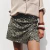 Women Sequins Mini Skirt with Cross Front Twist Detail Side Slit Hidden Zipper Closure Nightclub Short Skirt
