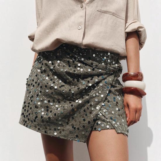 Women Sequins Mini Skirt with Cross Front Twist Detail Side Slit Hidden Zipper Closure Nightclub Short Skirt