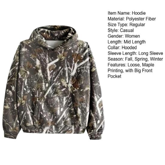 Женская толстовка с капюшоном на осень-зиму с большим передним карманом и принтом 3D Maple Loose