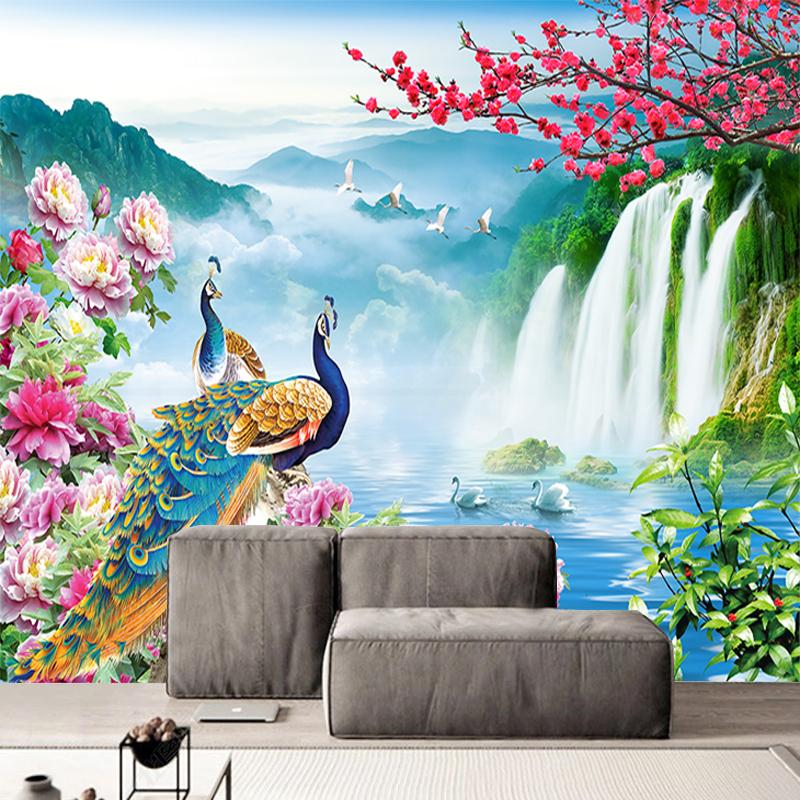 Пейзаж Настенные обои 3D Павлин Пейзажная живопись Природный пейзаж Фреска Гостиная Телевизор Диван Кабинет Классический фон Стена 3 D Домашний декор