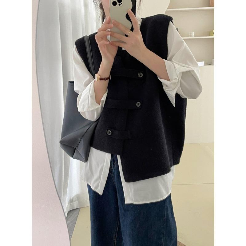 Весна и осень Наружная одежда внахлест Кардиган Камзол Темперамент Литературный стиль Нишевый дизайн Нерегулярный вязаный жилет Жилет для женщин