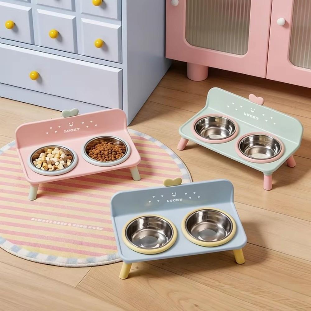 Love-heart Double Bowl Pet High-foot Bowl Anti-slip Cat Feeder Bowl Cat Bowl for Puppy and Cat