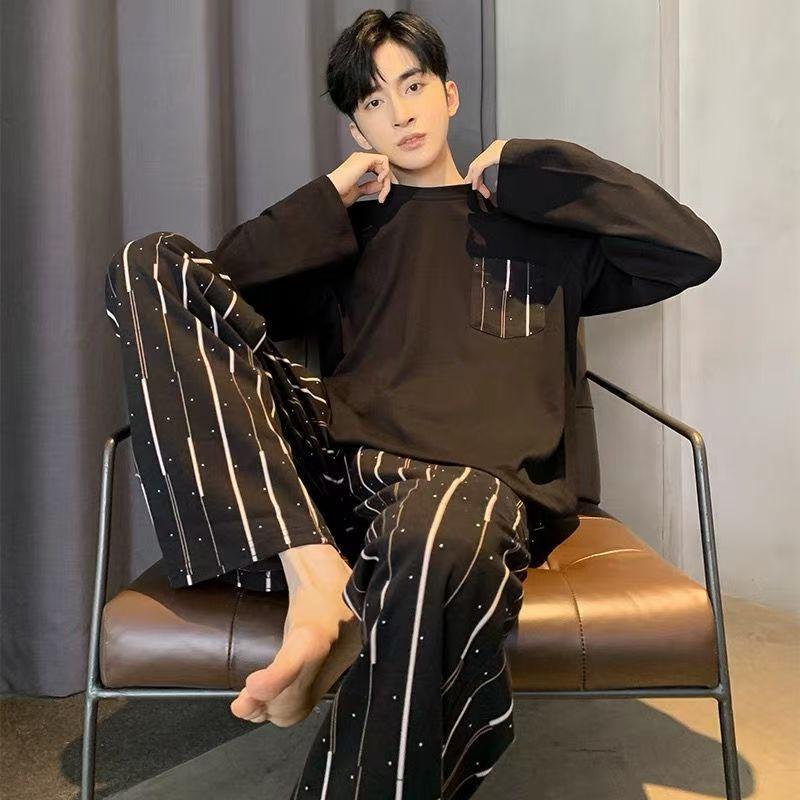 Мужские пижамы Весенние и осенние модели Домашний костюм с длинными рукавами для подростков и студентов, для мальчиков и взрослых, повседневные пижамы Домашний костюм