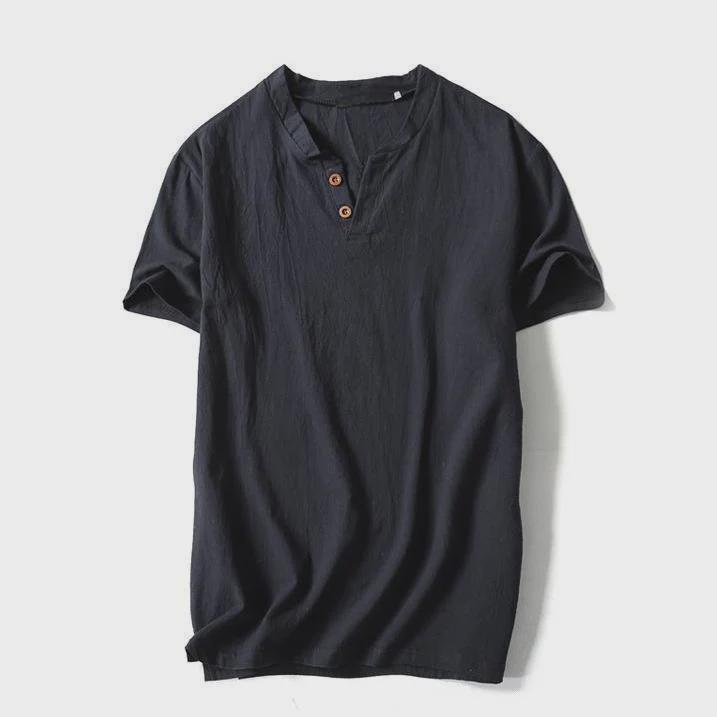 Men's Solid Color V-Neck Cotton Linen Short Sleeve T-Shirt with Buttons