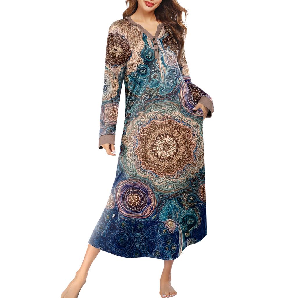 Женская ночная сорочка длинная домашняя одежда с V-образным вырезом и карманами