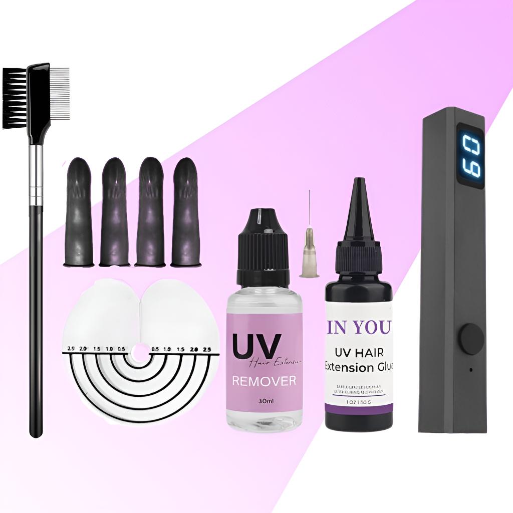 Salon & DIY UV Hair Kit,10s Fast-Cure Lamp + 30g Glue & Remover,Complete Tool Set for Seamless Extensions