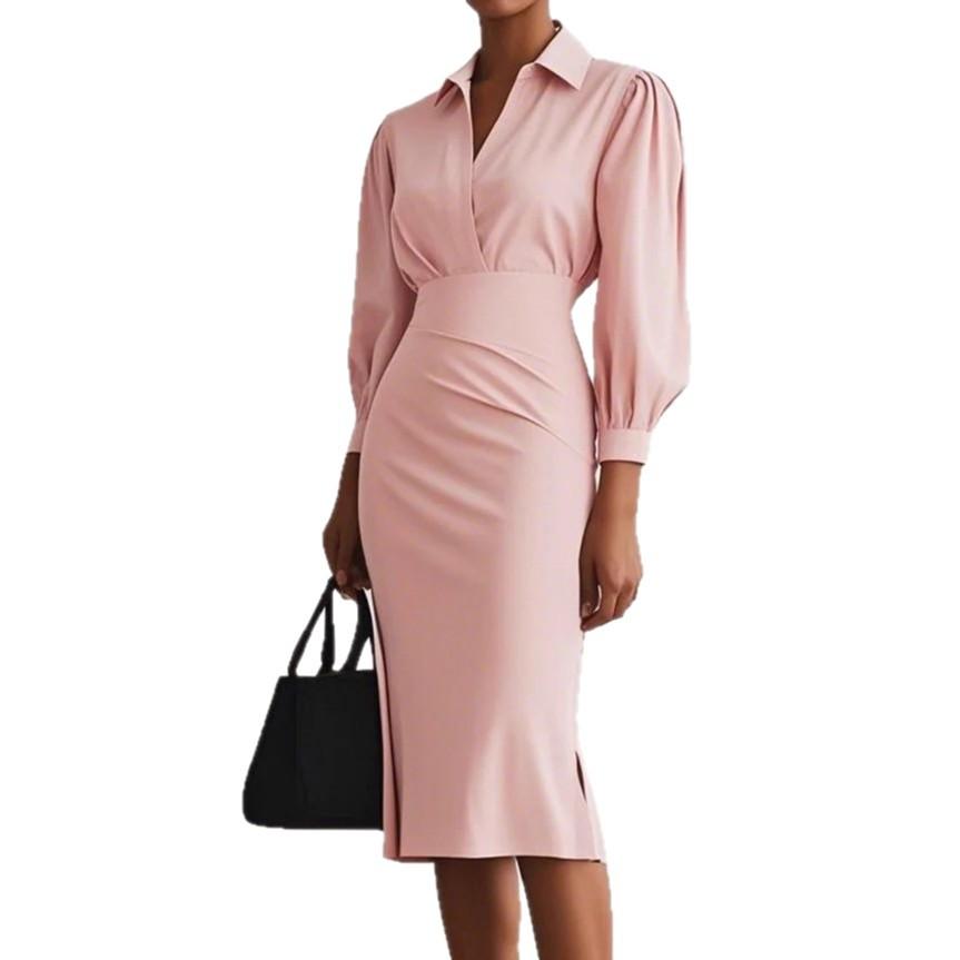 Женское платье миди с V-образным вырезом и оборками, однотонное платье с поясом на талии и элегантными складками, офисное повседневное облегающее длинное платье для универсального стиля