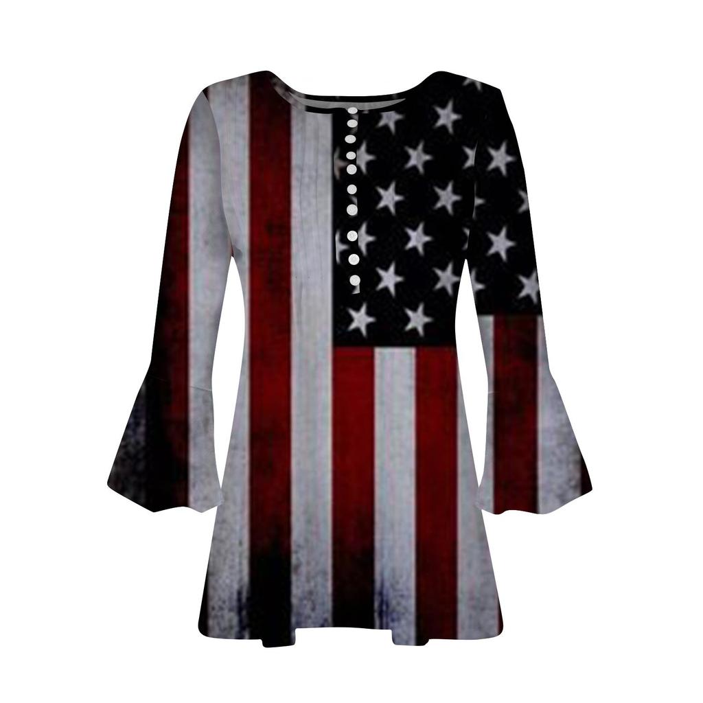 Топ на пуговицах для женщин, топы с принтом ко Дню независимости, повседневный топ с рукавом 3/4 и V-образным вырезом