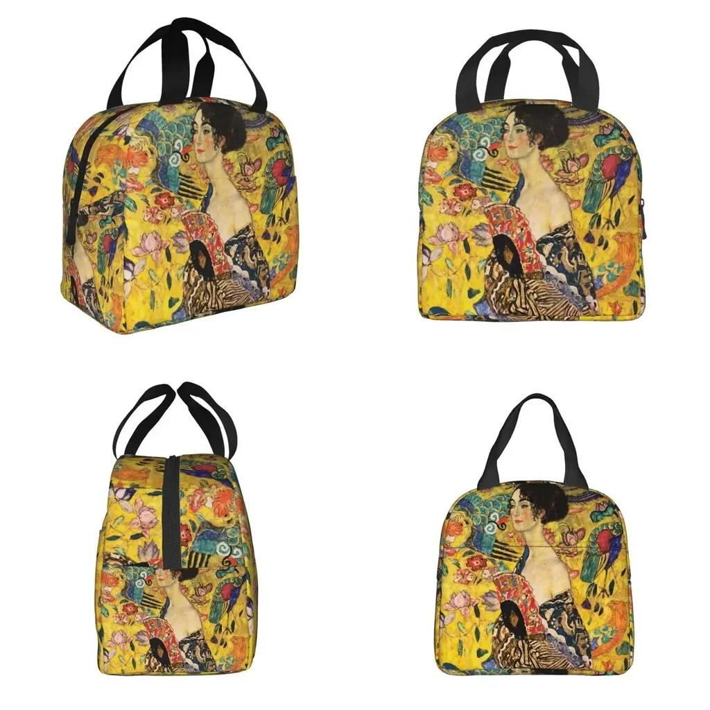 Lady With Fan By Gustav Klimt Insulated Lunch Bag for Women Kids Portable Food Boxes Thermal Lunch Box Tote