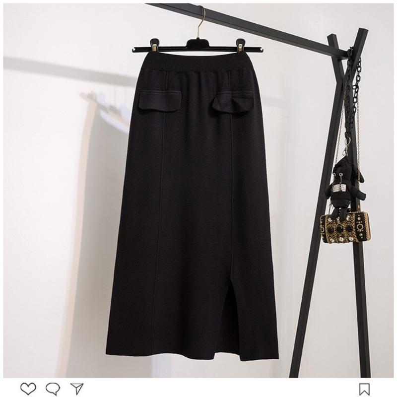 Трикотажная юбка с эластичной талией и дизайнерским разрезом для женщин зимой, большой размер, толстые мм, высокая талия, узкая прямая юбка миди