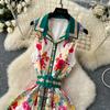 Summer Women Turn-down Collar Vintage Print Runway Dress Sleeveless Long Maxi Party Dresses with Belt