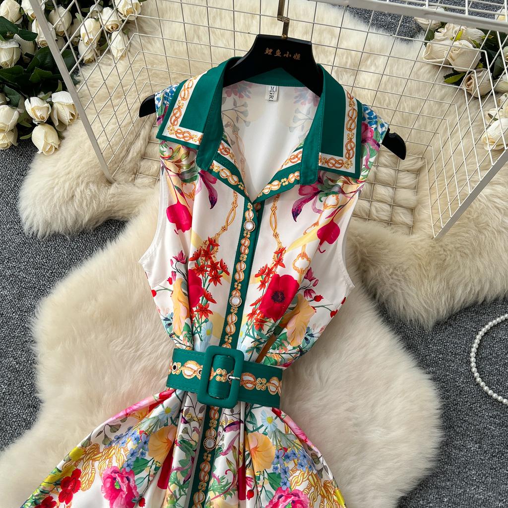 Summer Women Turn-down Collar Vintage Print Runway Dress Sleeveless Long Maxi Party Dresses with Belt