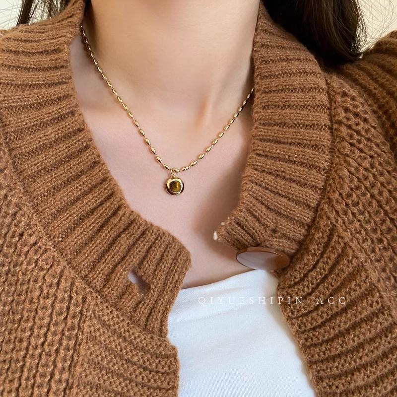 Женское ожерелье-чокер высокого класса в французском ретро-стиле с тигровым глазом - Универсальная цепочка для свитера в стиле легкой роскоши