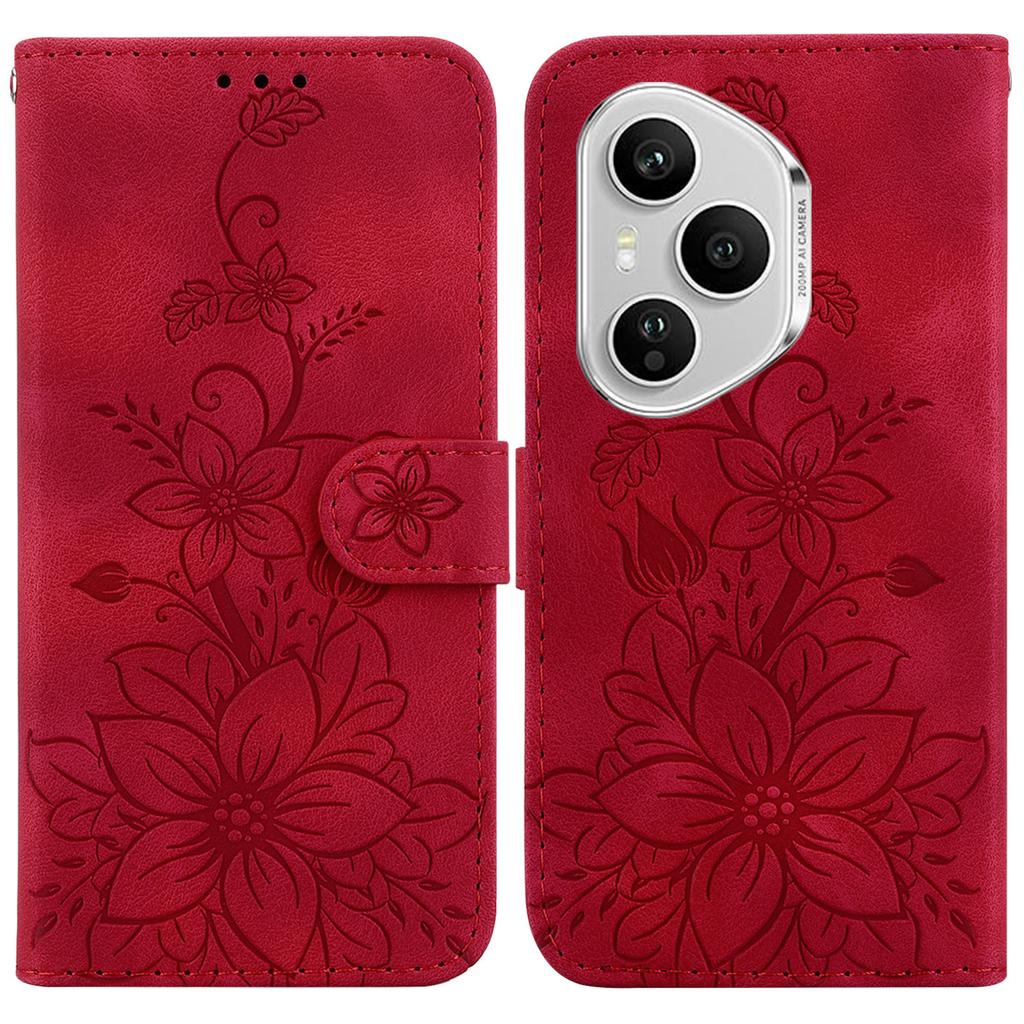For Honor 400 Pro 5G (Global) Stand Case Lily Flower Imprint Leather Phone Cover with Wrist Strap