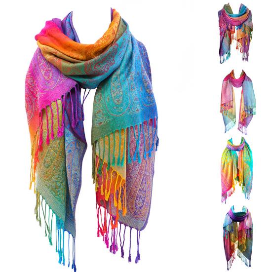 Imitation Wool Shawl Rainbow Color Art Printing Wrap Scarf with Tassels Women Poncho Shawl Blanket Scarf