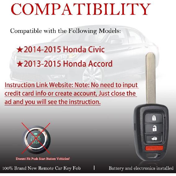 МеханическийМагический Брелок Замена Пульта ДУ Подходит для Honda Civic 2014 2015 / Accord 2013-2015 MLBHLIK6-1T Бесключевой Доступ Пульт Дистанционного Управления Необрезанный 4 Кнопки 315