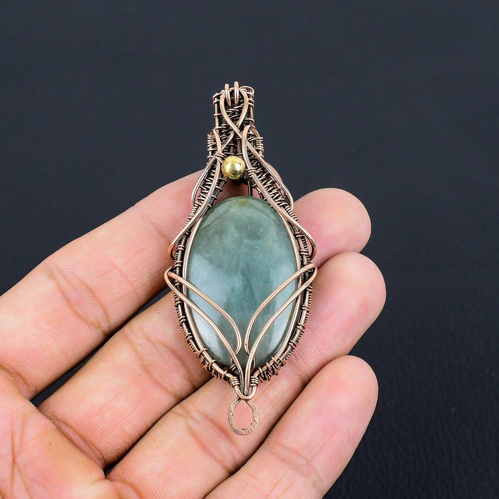 Aquamarine Gemstone Handmade Pure Copper Wire Wrapped Pendant Jewelry