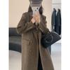 Retro Gold Buckle Brown Suit Double-sided Wool Coat for Women Autumn and Winter Double-breasted Mid-length Herringbone Wool Coat