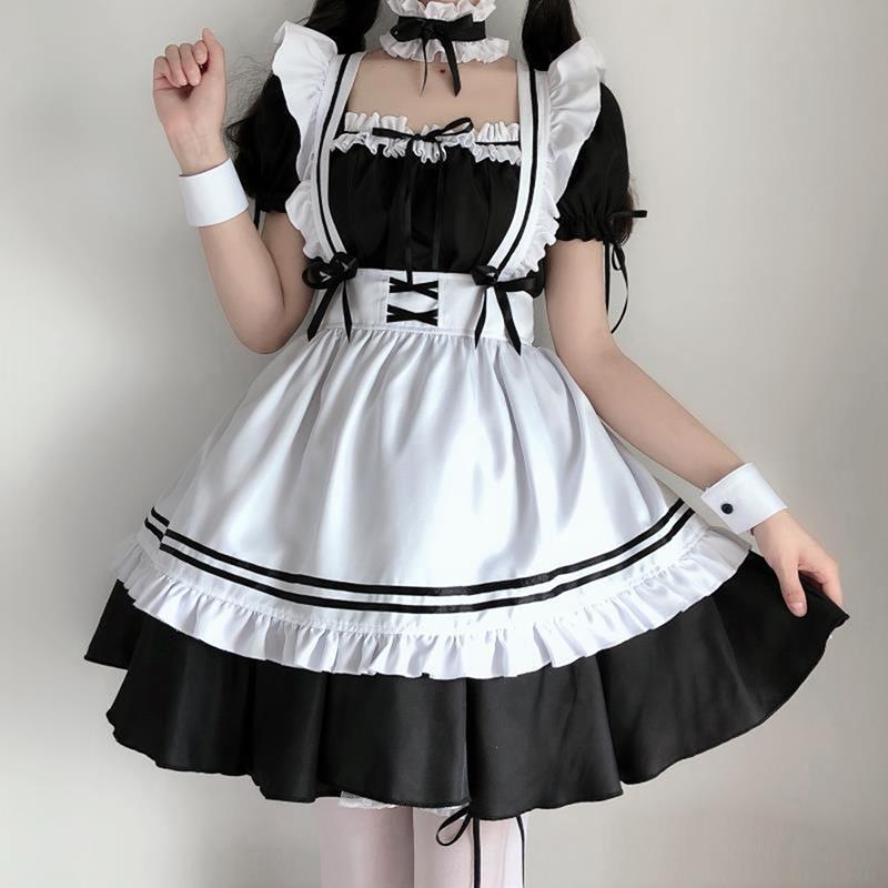 Black Cute Lolita Maid Costumes Girls Women Lovely Maid Cosplay Costume Dress