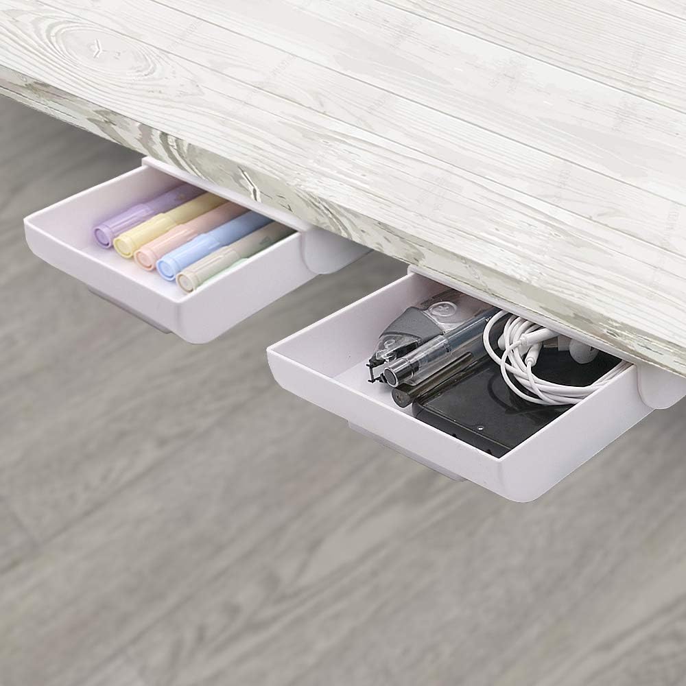YOOUSOO 2 Pack Under Desk Storage Drawer Organizer, Hidden Slide Out Drawer Attachment, with Self - Adhesive Feature for Desktop and Table