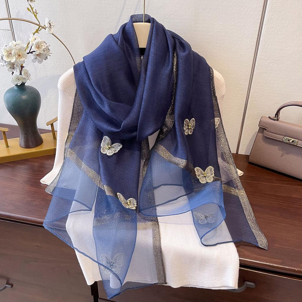 New Butterfly Embroidered Beads Fashionable Scarf for Women's Sun Protection and Windproof Temperament Shawl Thin Imitation Silk Scarf